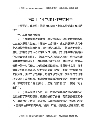 工信局上半年党建工作总结报告