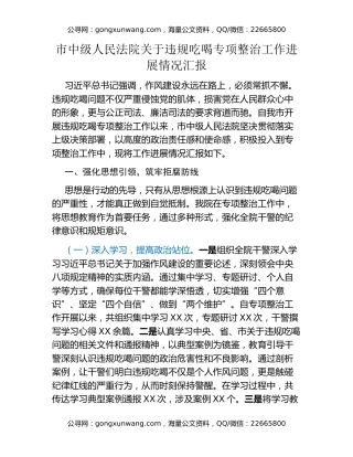 市中级人民法院关于违规吃喝专项整治工作进展情况汇报