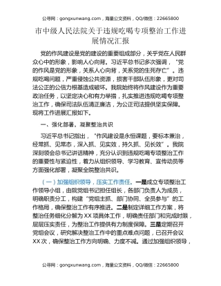 市中级人民法院关于违规吃喝专项整治工作进展情况汇报 (2)