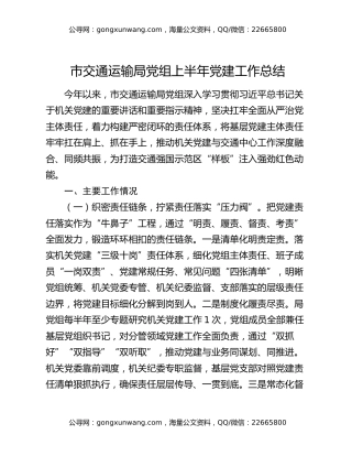 市交通运输局党组上半年党建工作总结