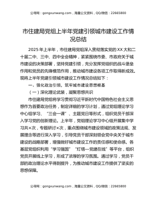 市住建局党组上半年党建引领城市建设工作情况总结
