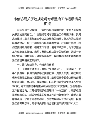 市信访局关于违规吃喝专项整治工作进展情况汇报