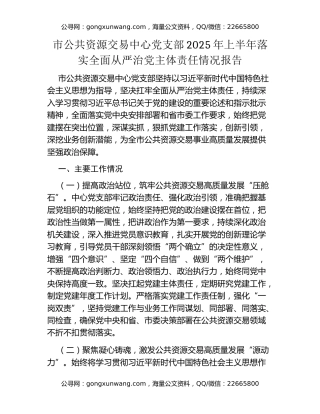 市公共资源交易中心党支部2025年上半年落实全面从严治党主体责任情况报告