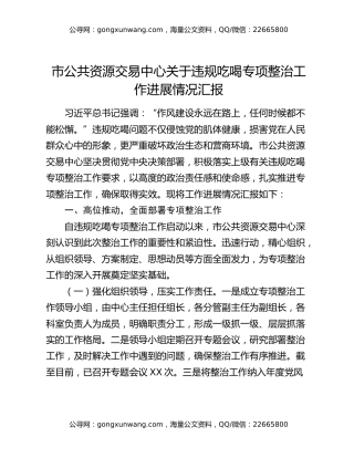 市公共资源交易中心关于违规吃喝专项整治工作进展情况汇报