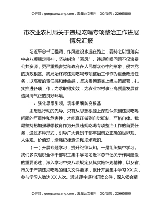 市农业农村局关于违规吃喝专项整治工作进展情况汇报
