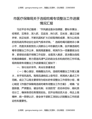 市医疗保障局关于违规吃喝专项整治工作进展情况汇报