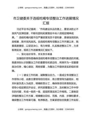 市卫健委关于违规吃喝专项整治工作进展情况汇报