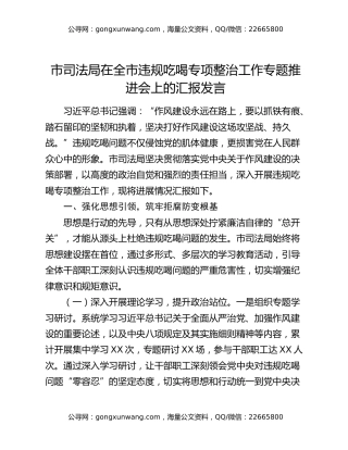 市司法局在全市违规吃喝专项整治工作专题推进会上的汇报发言