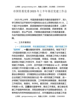 市国资委党委2025年上半年基层党建工作总结