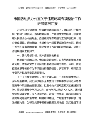 市国防动员办公室关于违规吃喝专项整治工作进展情况汇报