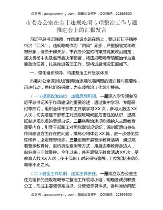 市委办公室在全市违规吃喝专项整治工作专题推进会上的汇报发言