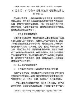 市委常委、市纪委书记述廉述责问题整改落实情况报告