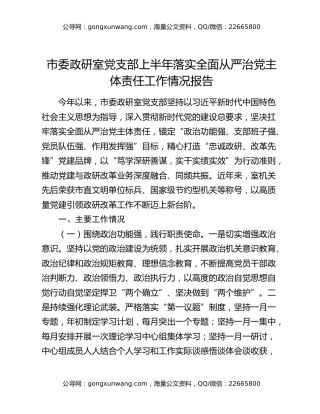 市委政研室党支部上半年落实全面从严治党主体责任工作情况报告