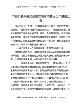市委机要保密局违规吃喝专项整治工作进展汇报