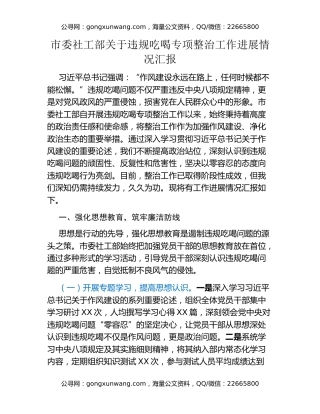市委社工部关于违规吃喝专项整治工作进展情况汇报