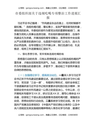 市委组织部关于违规吃喝专项整治工作进展汇报