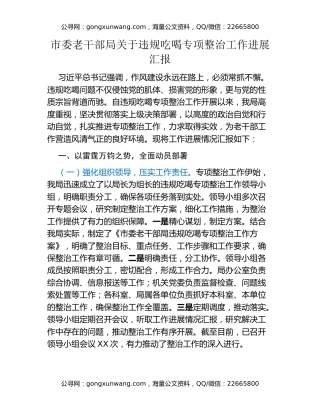 市委老干部局关于违规吃喝专项整治工作进展汇报