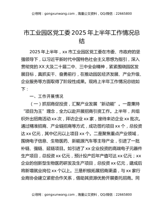 市工业园区党工委2025年上半年工作情况总结