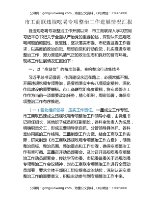 市工商联违规吃喝专项整治工作进展情况汇报