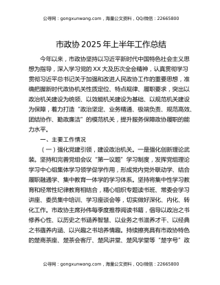 市政协2025年上半年工作总结