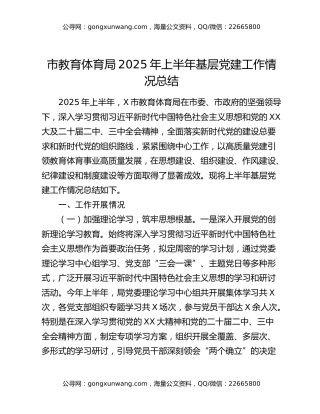 市教育体育局2025年上半年基层党建工作情况总结