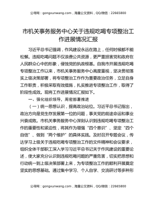 市机关事务服务中心关于违规吃喝专项整治工作进展情况汇报