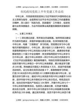 市民政局党组上半年党建工作总结