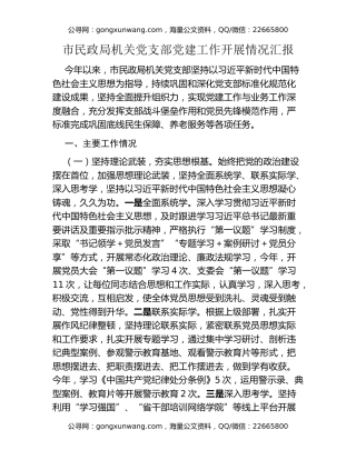 市民政局机关党支部党建工作开展情况汇报