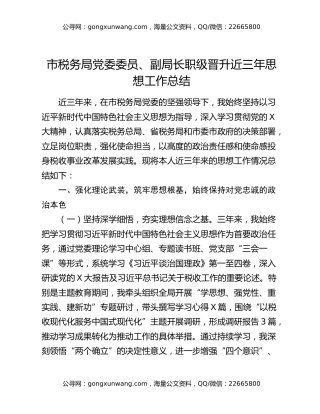 市税务局党委委员、副局长职级晋升近三年思想工作总结
