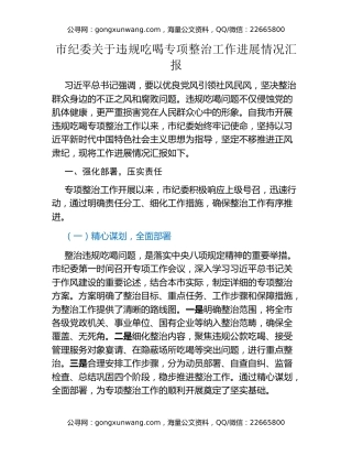 市纪委关于违规吃喝专项整治工作进展情况汇报