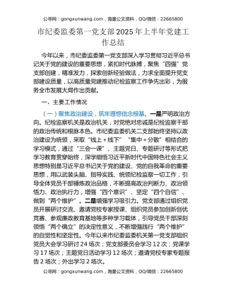 市纪委监委第一党支部2025年上半年党建工作总结