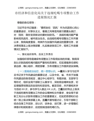 市经济和信息化局关于违规吃喝专项整治工作进展情况汇报