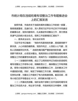 市统计局在违规吃喝专项整治工作专题推进会上的汇报发言