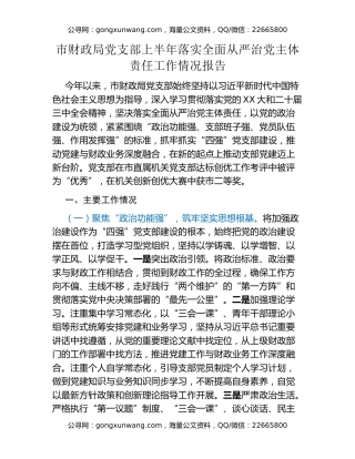 市财政局党支部上半年落实全面从严治党主体责任工作情况报告