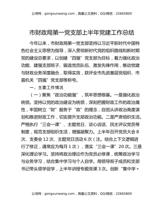 市财政局第一党支部上半年党建工作总结