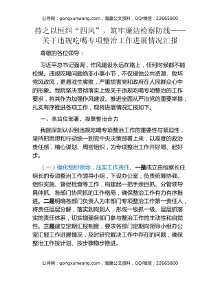 持之以恒纠“四风”，筑牢廉洁检察防线——关于违规吃喝专项整治工作进展情况汇报