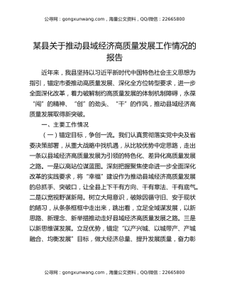 某县关于推动县域经济高质量发展工作情况的报告