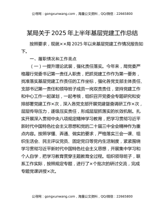 某局关于2025年上半年基层党建工作总结