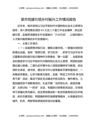 某市党建引领乡村振兴工作情况报告