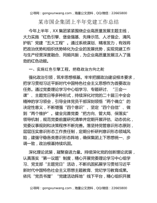 某市国企集团上半年党建工作总结
