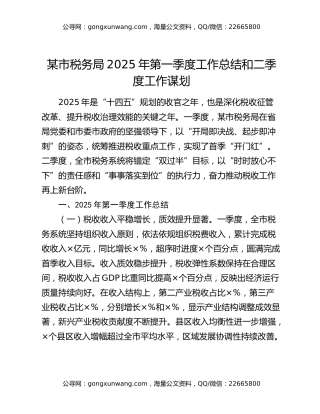 某市税务局2025年第一季度工作总结和二季度工作谋划