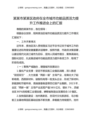 某某市某某区政府在全市城市功能品质活力提升工作推进会上的汇报