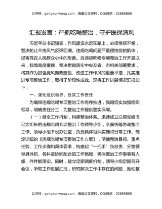 汇报发言：严抓吃喝整治，守护医保清风