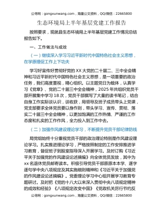 生态环境局上半年基层党建工作报告