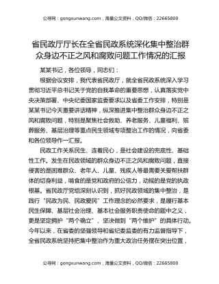 省民政厅厅长在全省民政系统深化集中整治群众身边不正之风和腐败问题工作情况的汇报