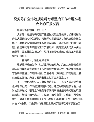 税务局在全市违规吃喝专项整治工作专题推进会上的汇报发言