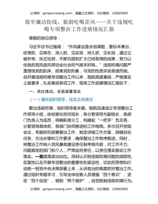 筑牢廉洁防线，狠刹吃喝歪风——关于违规吃喝专项整治工作进展情况汇报