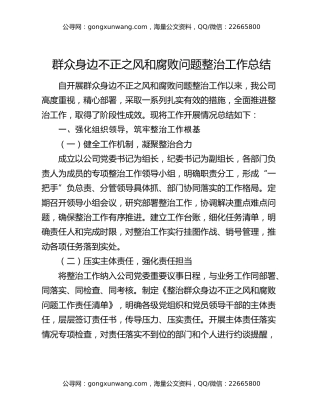 群众身边不正之风和腐败问题整治工作总结