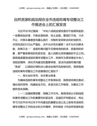自然资源和规划局在全市违规吃喝专项整治工作推进会上的汇报发言