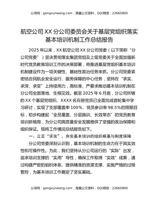 航空公司XX分公司委员会关于基层党组织落实基本培训机制工作总结报告